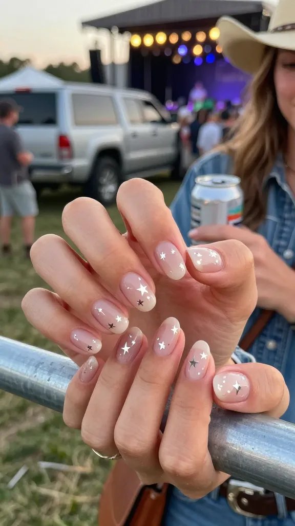Short nude squoval nails with tiny star decals