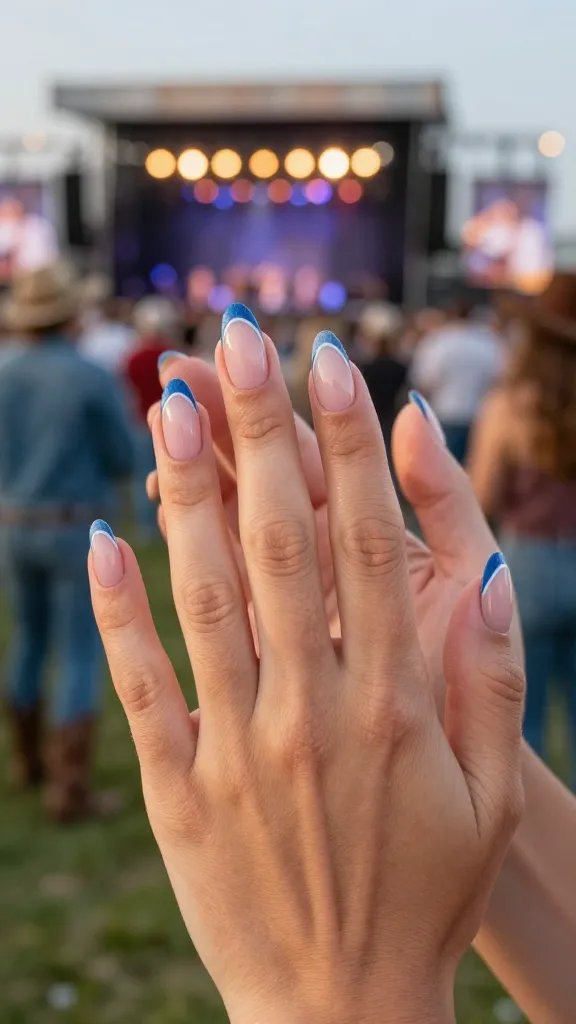 Almond French tip nails with denim blue tips
