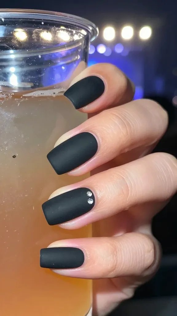 Matte black coffin nails with single rhinestone accent