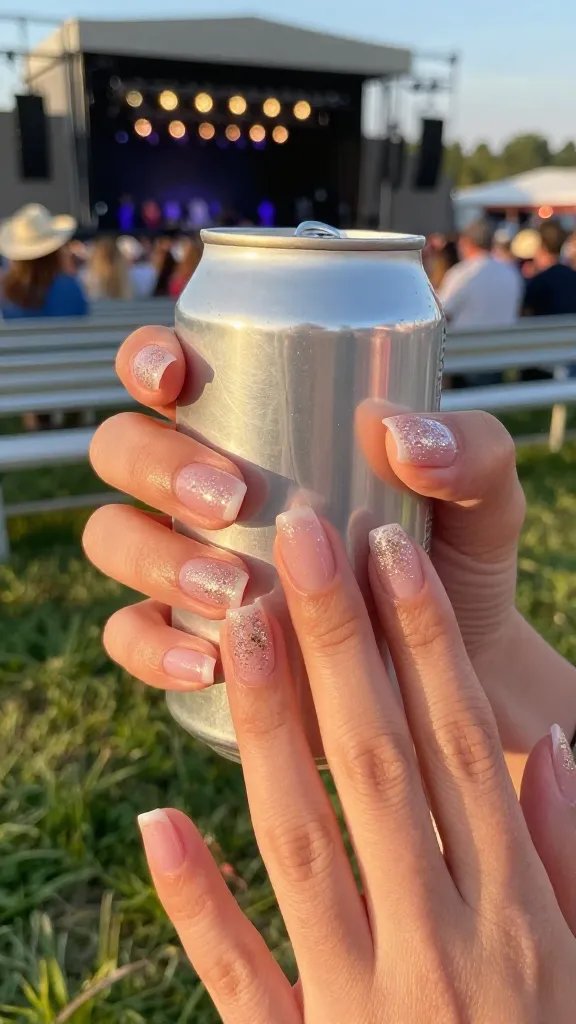 Sheer pink nails with micro-fine champagne glitter