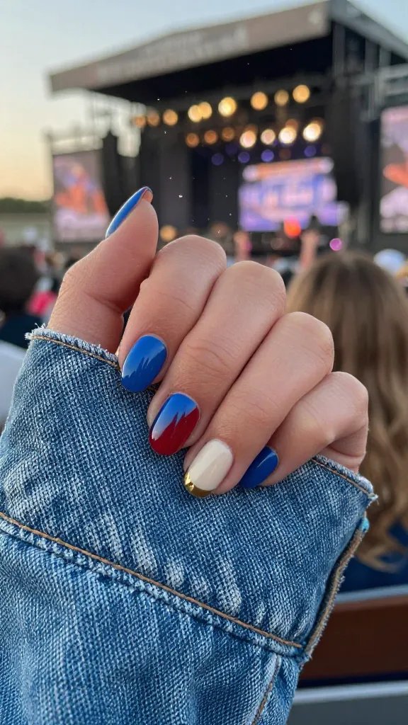 Short round nails in true blue-red cream