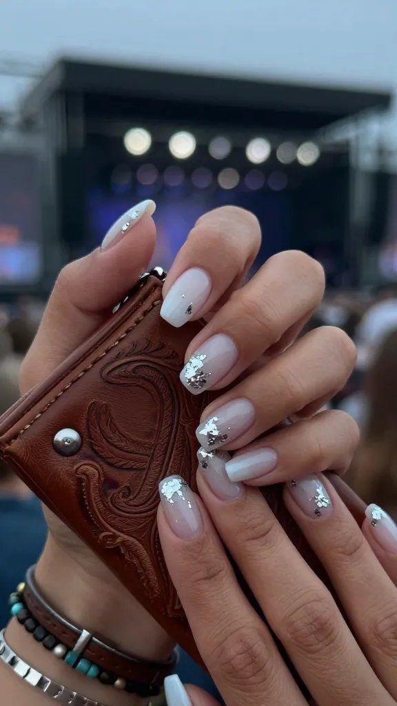 Milky white oval nails with silver foil flakes
