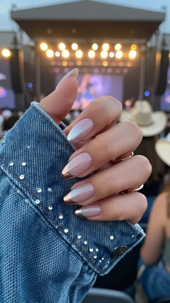 Chrome powder French tip nails on short almond