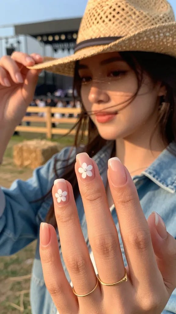 Sheer peach nails with tiny white micro flowers