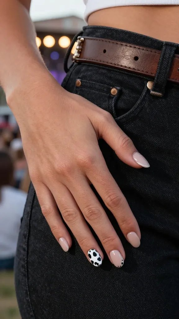 Cow print accent nails on nude base