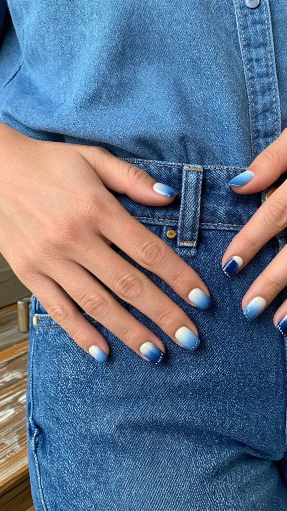 Denim ombre nails from light to dark blue