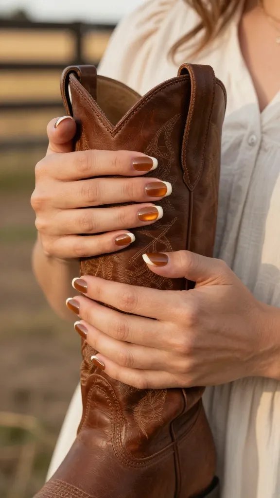 Sheer whiskey brown nails with cream micro-French