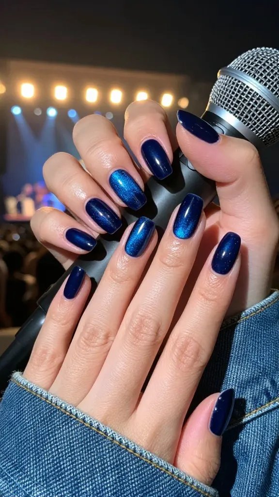 Navy blue cat-eye magnetic nails