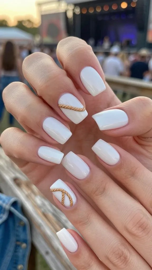 White squoval nails with rope accent line