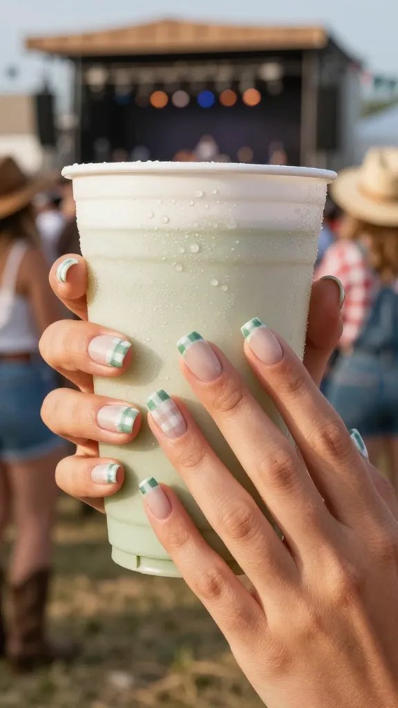 Sage and white micro-checker French tips