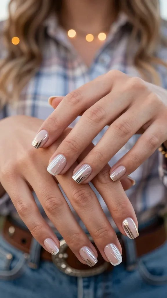 Sheer neutral nails with thin vertical fringe lines