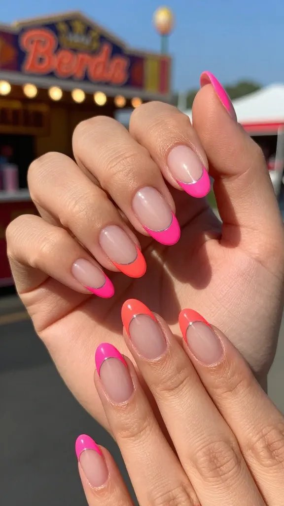 Neon French tips on short squoval nails with western flair