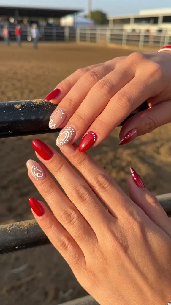Red bandana paisley nail art on medium almond nails