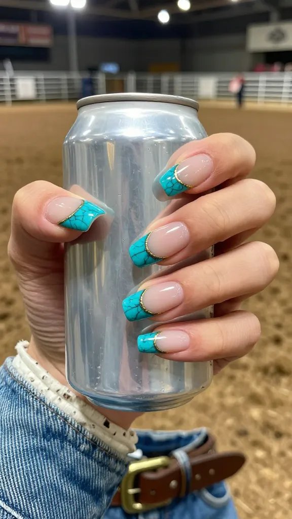 Turquoise stone veined French tip nails on medium coffin shape
