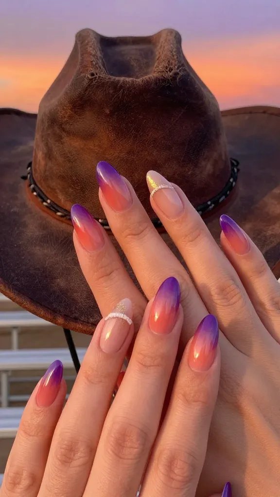 Coral to purple sunset ombré nails on short almond shape
