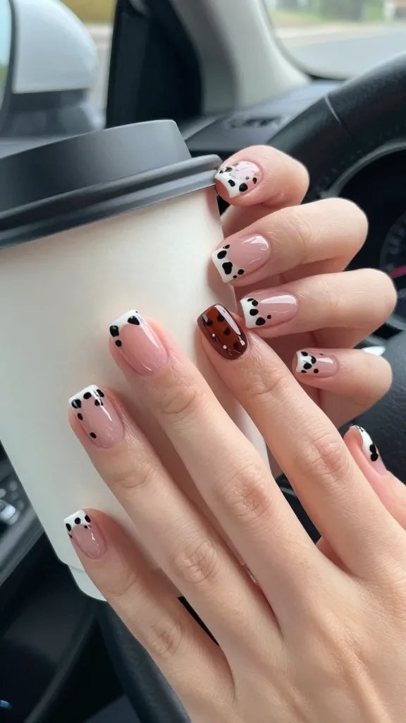 Micro black-and-white cow print nail art on short square nails