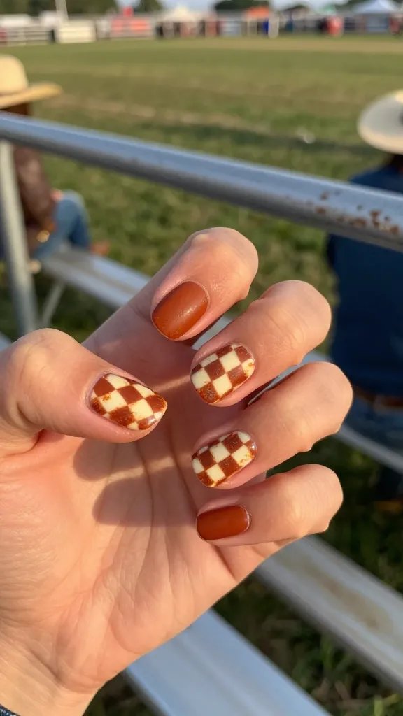Rust and cream checkerboard nail art on short round nails