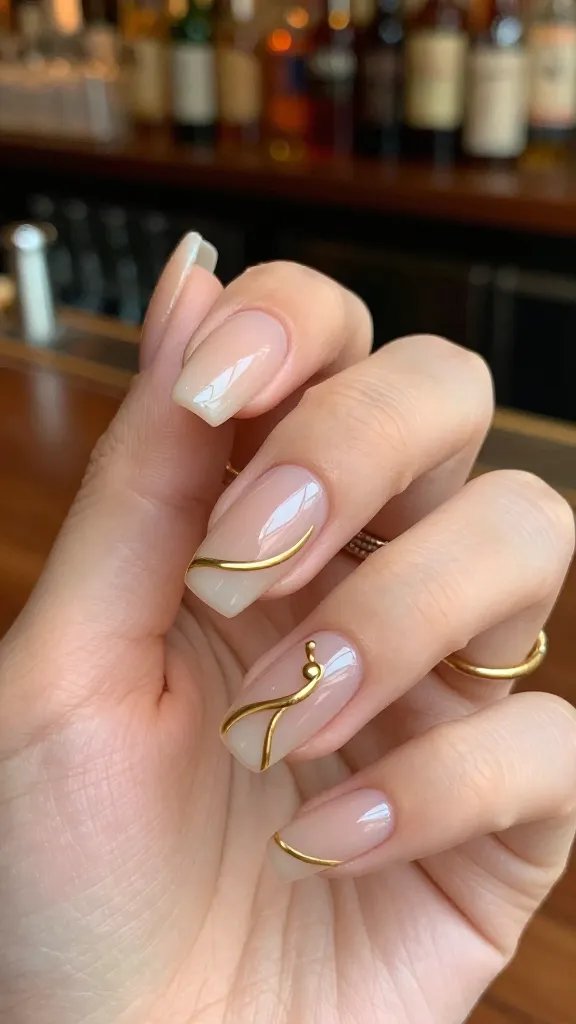 Fine gold lariat loop accent nail on milky nude base