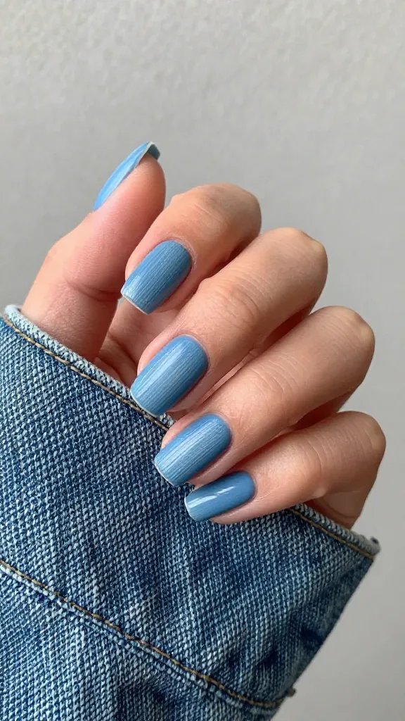 Denim-textured nail art on medium square nails