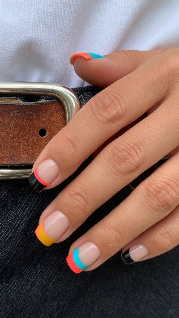 Neon geometric Navajo-inspired line nail art on short square nails