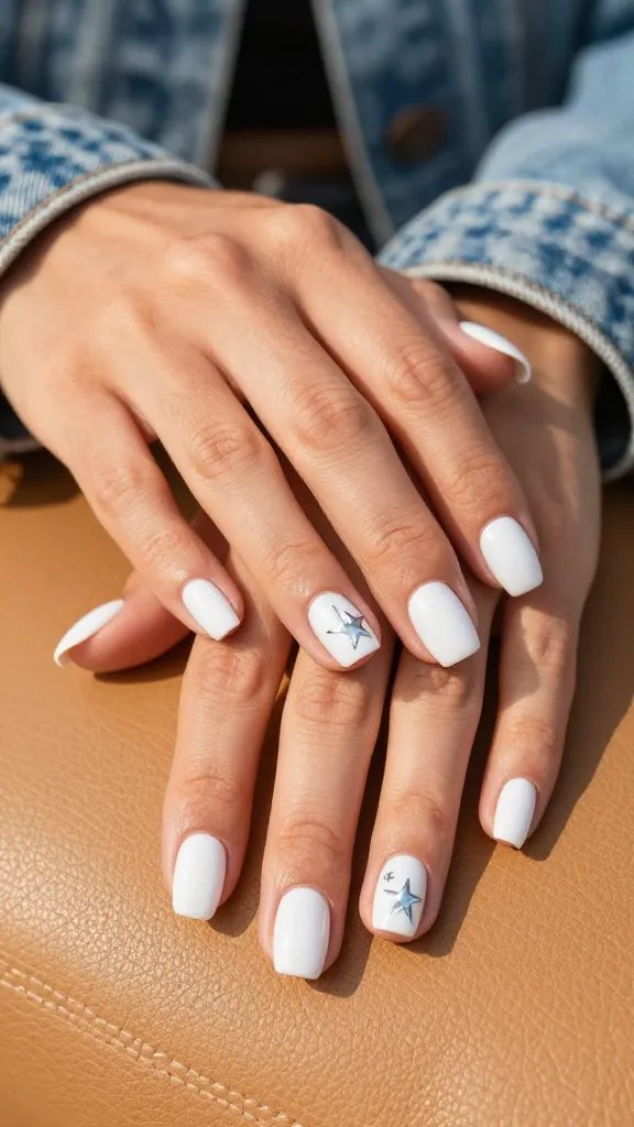 All-white nails with micro silver star accents