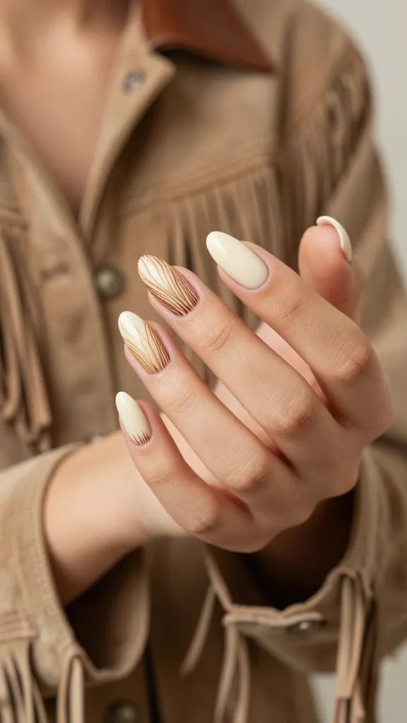Tan fringe motion-line nail art on cream base