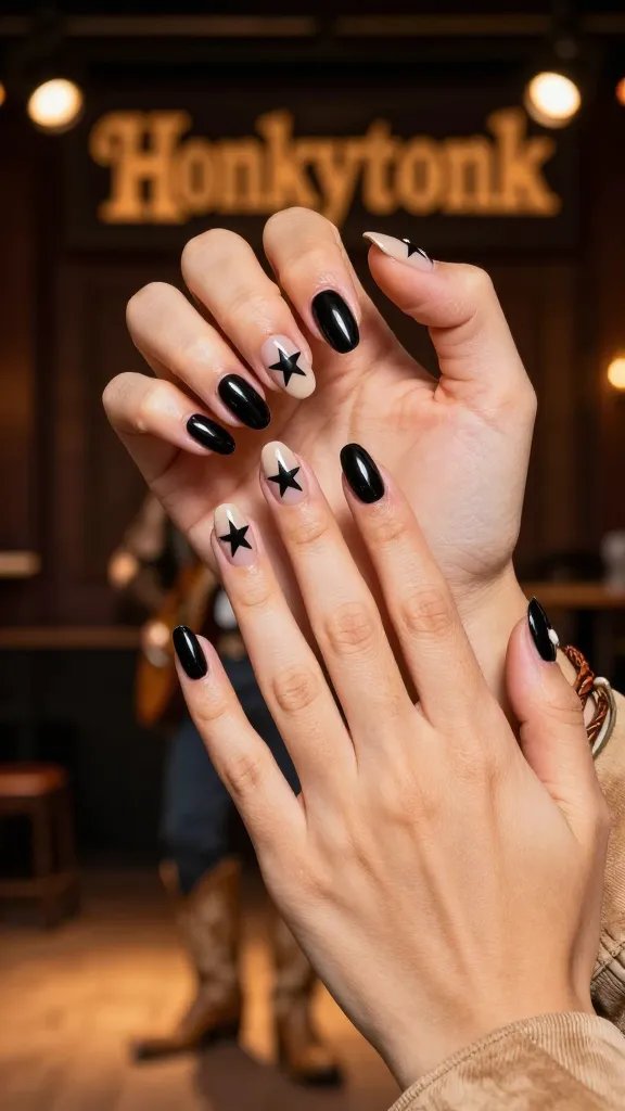 Sheriff star negative-space cutout nail art on medium almond