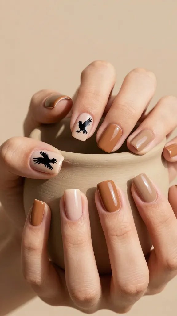 Bold thunderbird silhouette accent nail on sandy nude base