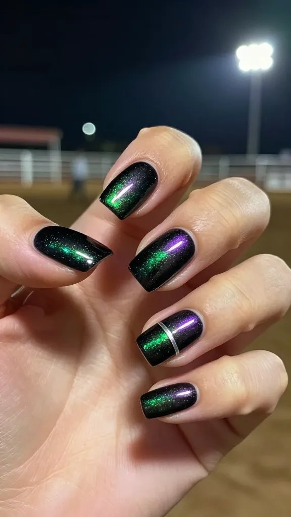 Oil-slick chrome nail art over black gel base