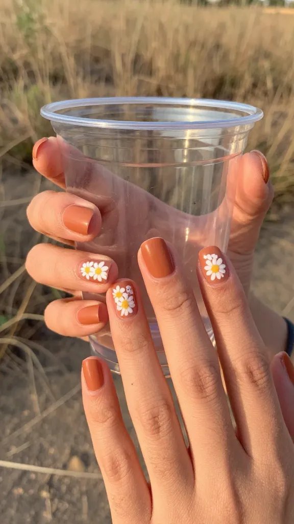 Tiny white desert daisy nail art on terra-cotta base