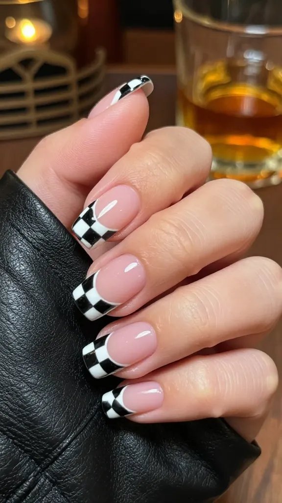 Black-and-white checker tip French nail art on short square