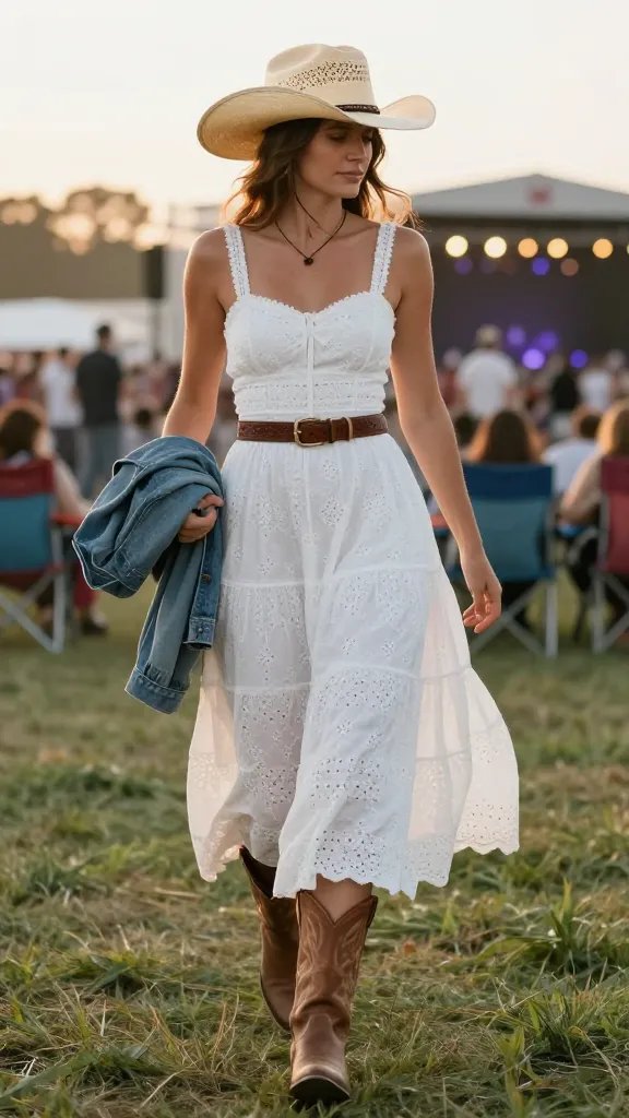 White eyelet midi dress paired with brown cowboy boots and straw hat