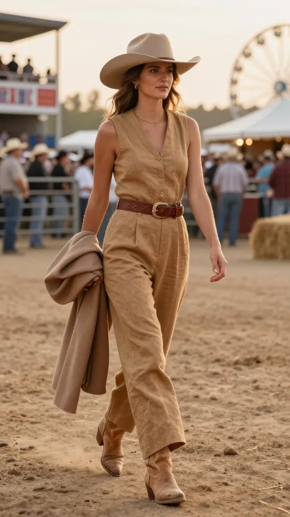 Linen jumpsuit with tooled belt for Calgary Stampede