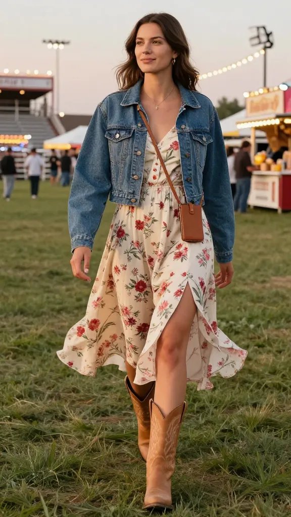 Floral midi dress with denim jacket for Calgary Stampede