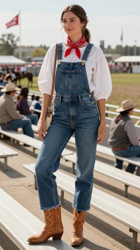 Denim overalls with puff-sleeve top for Calgary Stampede