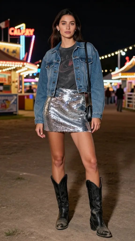 Sequin skirt with western tee and denim jacket for Calgary Stampede
