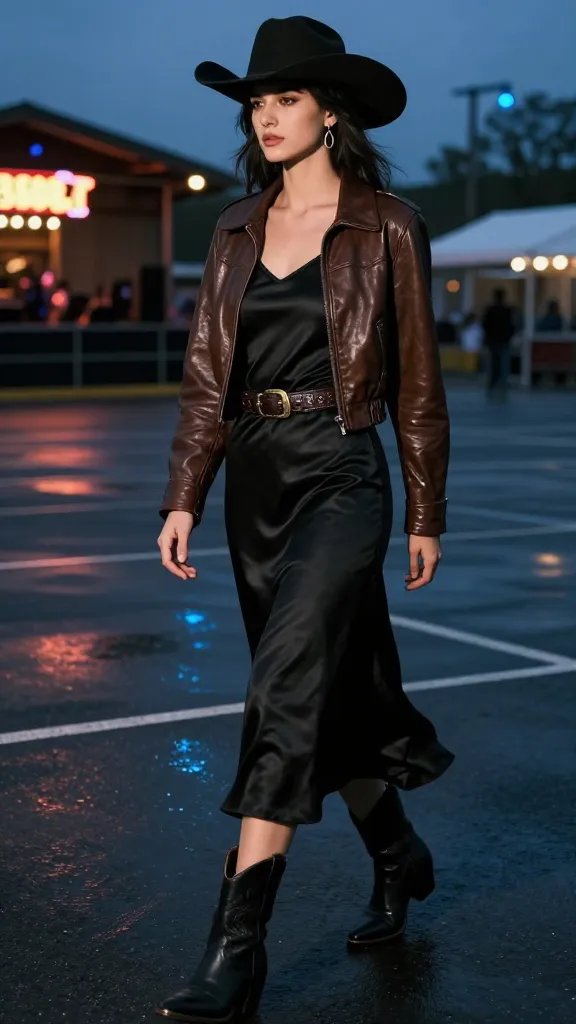 Black slip dress with squared-toe western boots dark academia cowgirl outfit