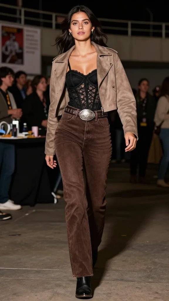 Mocha bootcut jeans with black corset top and cowboy boots dark academia