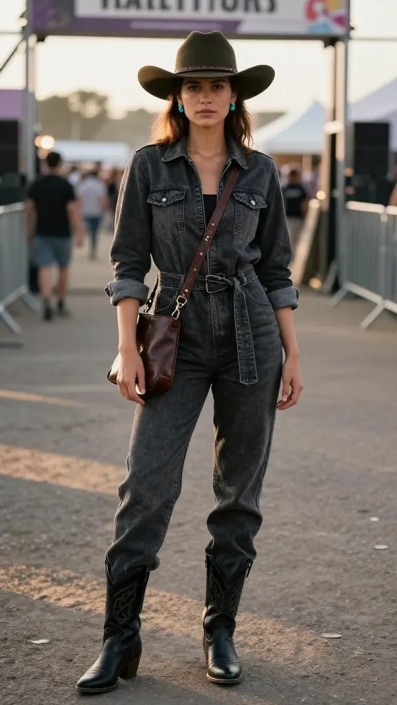 Charcoal denim jumpsuit with western boots and felt rancher hat