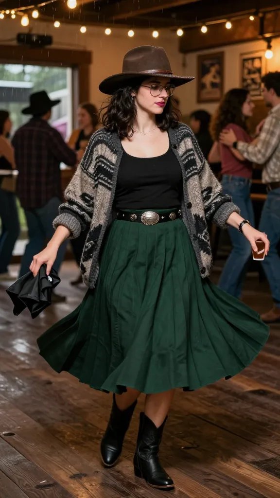 Pleated midi skirt with western cardigan and roper boots dark academia