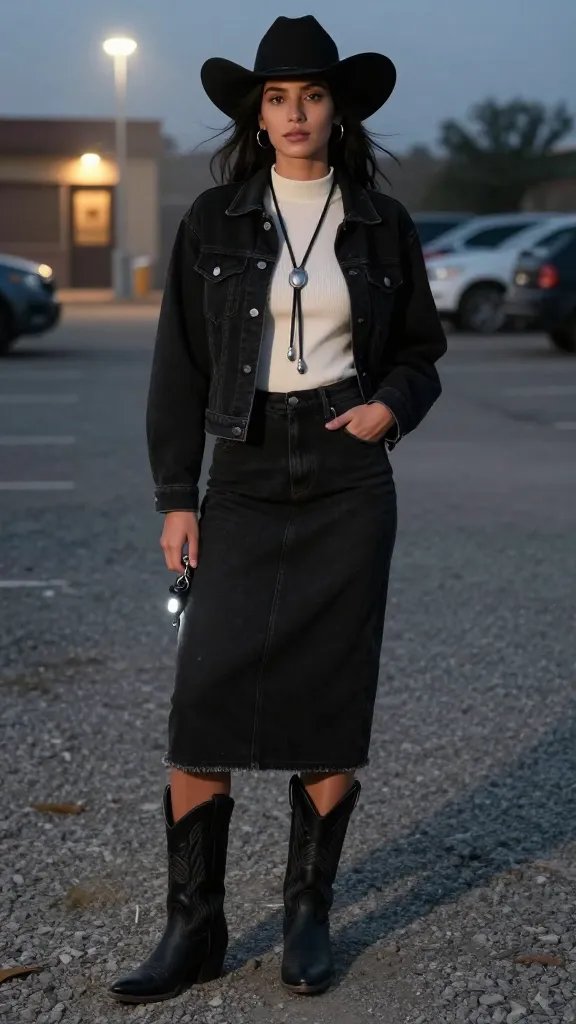 Black denim trucker jacket and A-line skirt with cowboy boots