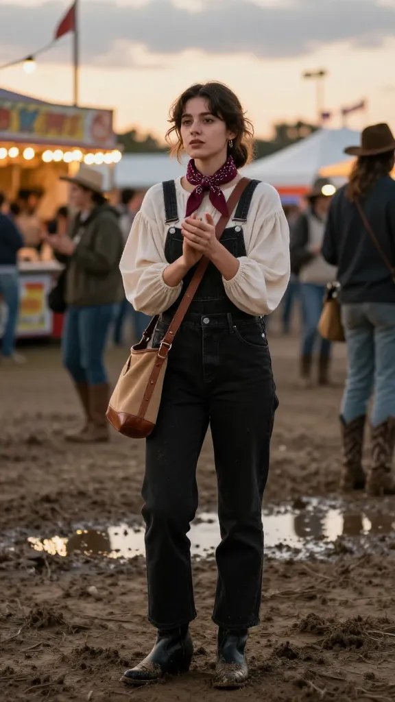 Black denim overalls with poet blouse and western booties