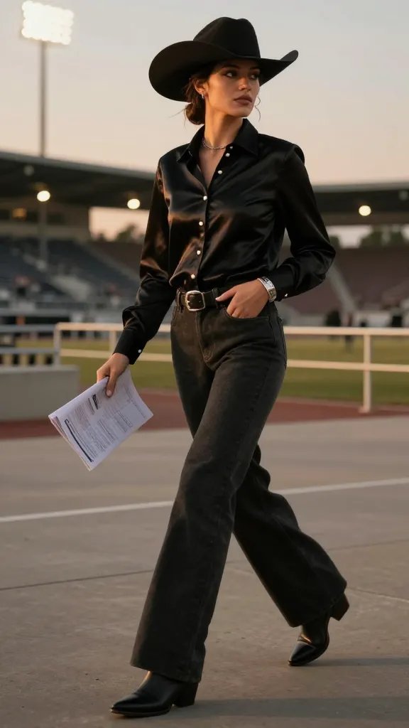 Black satin western shirt with wide-leg trousers and low-heel ropers