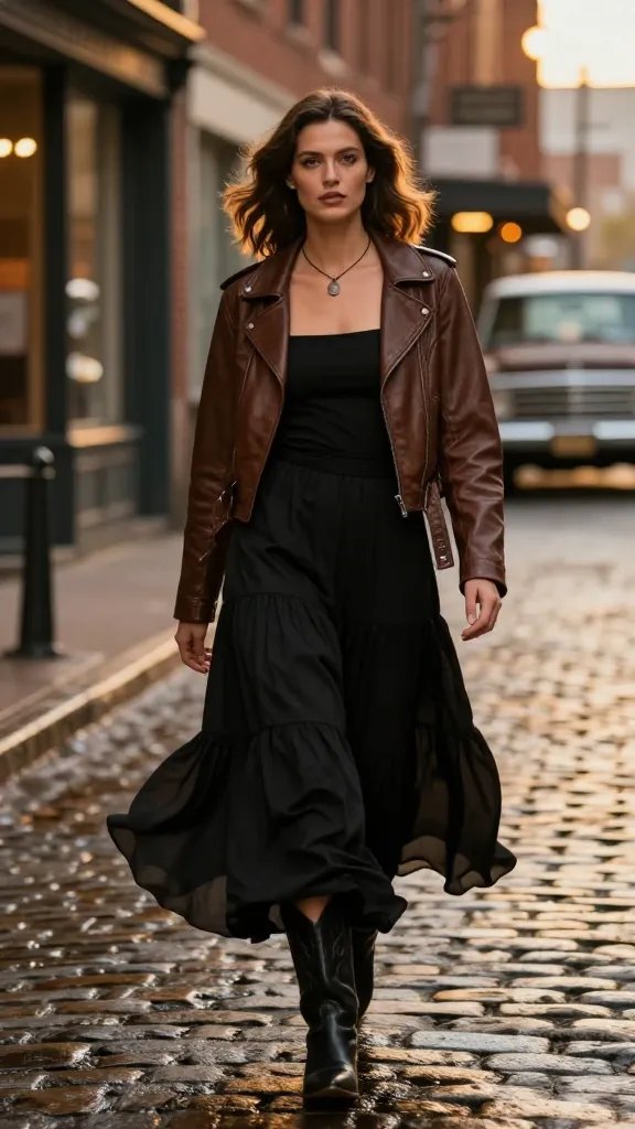 Black tiered maxi skirt with cropped moto jacket and snip-toe boots