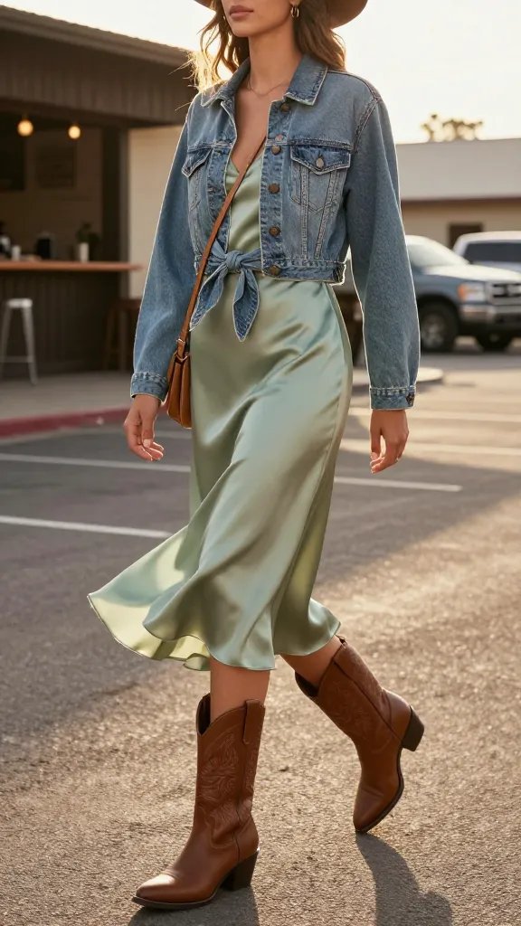 Sage green slip dress with brown western boots and gold hoops