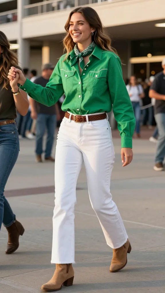 Kelly green western snap shirt with white jeans and tan suede ankle boots