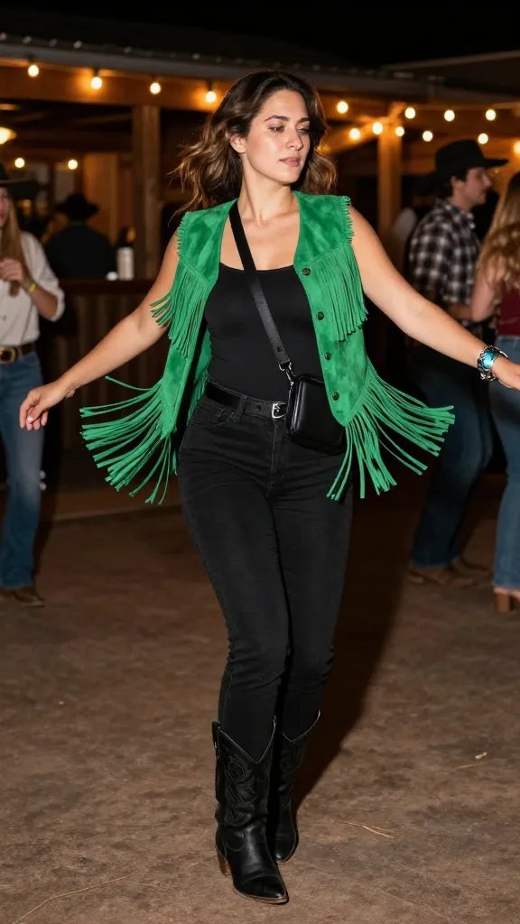 Emerald fringe vest over black tank and bootcut jeans with black western boots