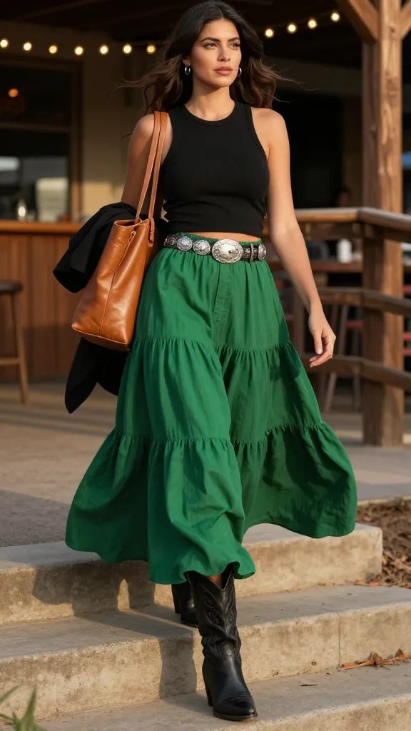 Hunter green tiered maxi skirt with black cropped tank and western ankle boots
