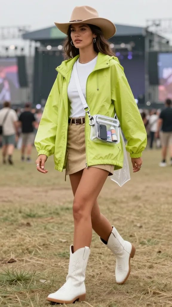 Lime green windbreaker over white tee with khaki cargo mini and white western sneakers