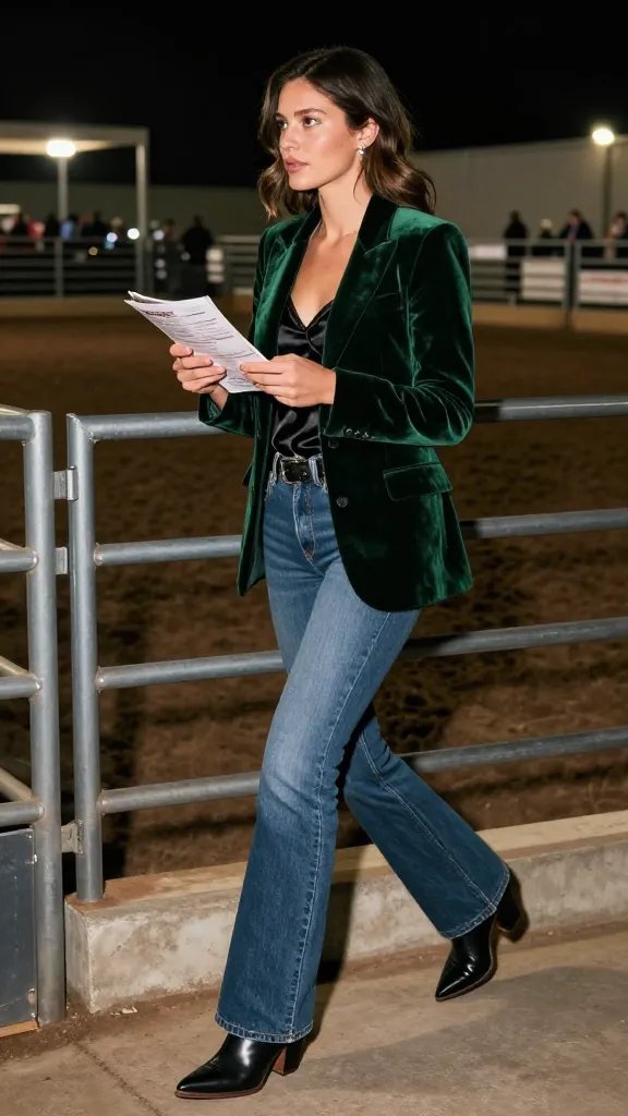 Dark green velvet blazer over black cami with flare jeans and black cowboy boots